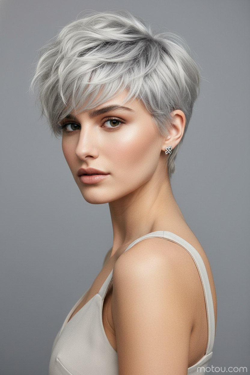 Upper-body hairstyle close-up of a female model with a silver blonde textured shaggy pixie haircut, geometric stud earrings, high-fashion summer clothing, minimalist gray background, confident editorial pose.