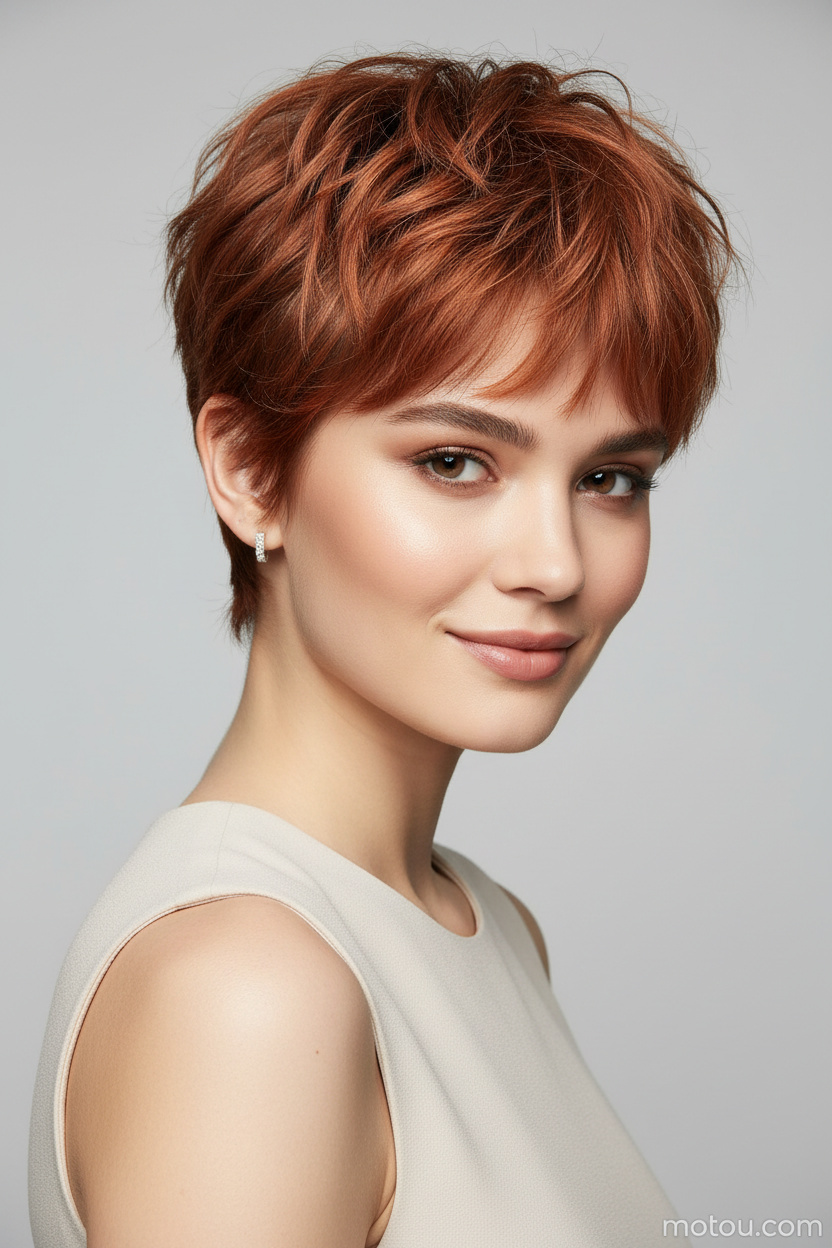 Upper-body hairstyle close-up of a female model with a vibrant copper shaggy pixie haircut, silver stud earrings, contemporary sleeveless outfit, minimalist studio setting, warm smile and confident expression.