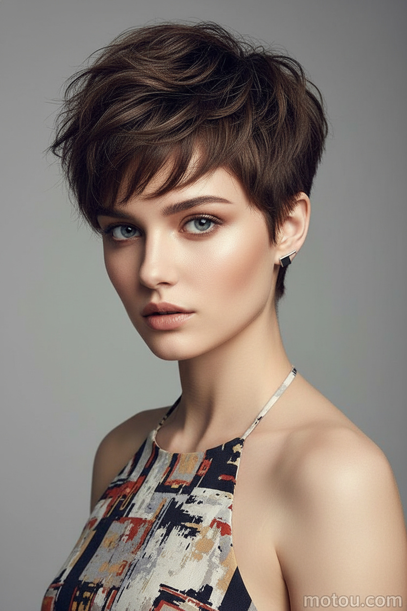 Upper-body hairstyle close-up of a female model with an espresso brown piecey shaggy pixie haircut, minimalist metallic stud earrings, fashionable summer attire, clean neutral backdrop, sophisticated gaze.