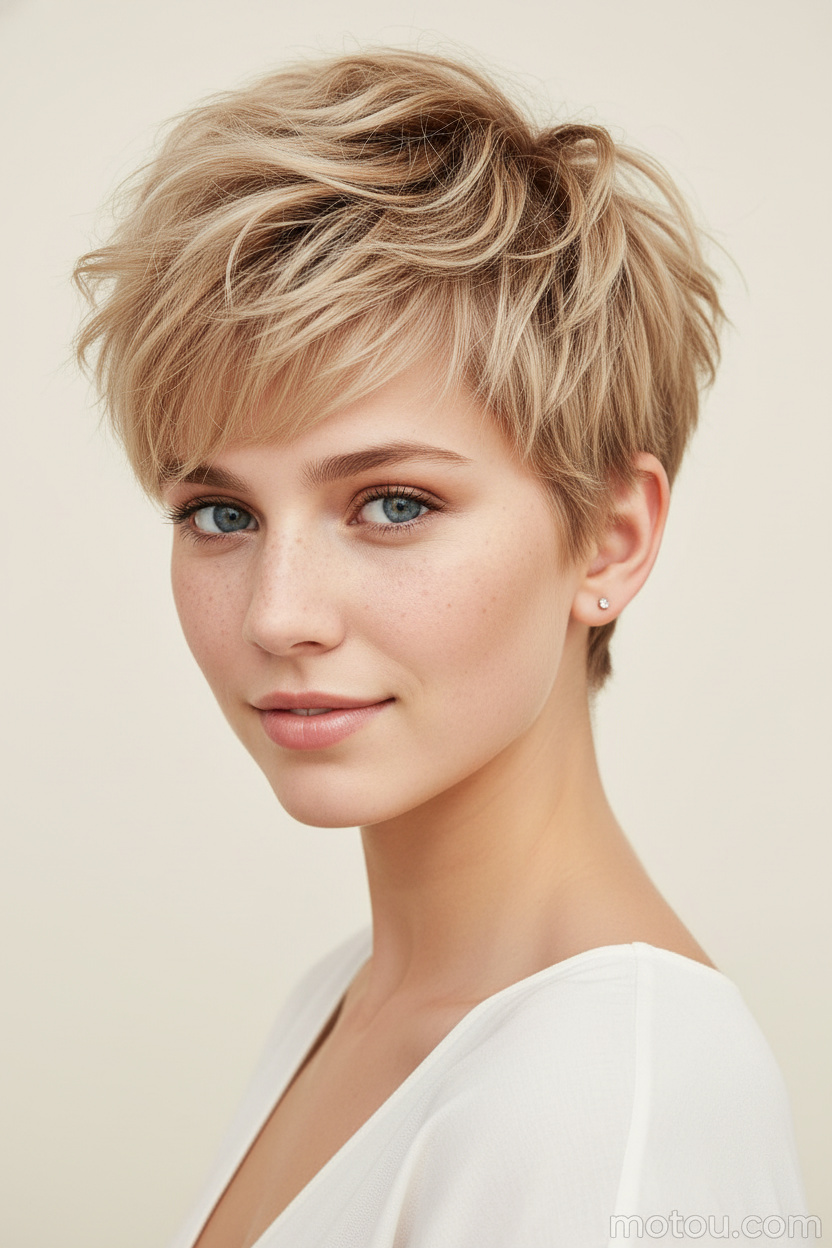 Upper-body hairstyle close-up of a female model with a sandy blonde shaggy pixie haircut, silver stud earrings, modern summer fashion top, minimalist cream background, soft smile and natural pose.
