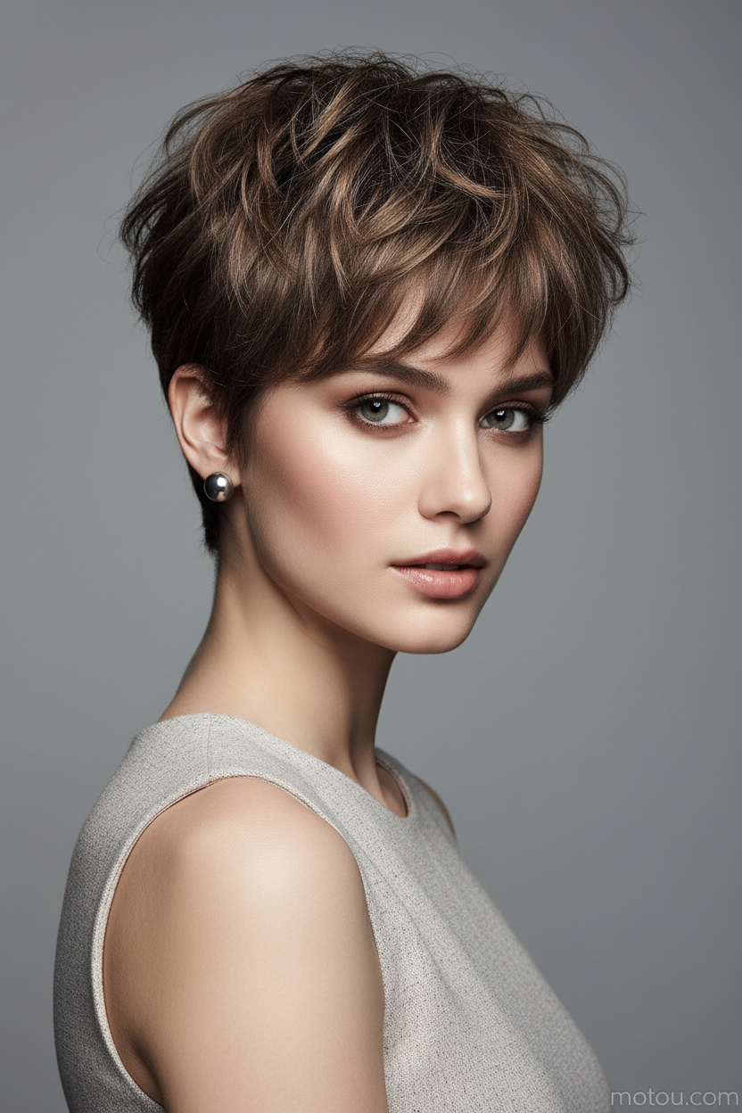 Upper-body hairstyle close-up of a female model with a dimensional balayage shaggy pixie haircut, metallic stud earrings, stylish sleeveless summer outfit, minimalist studio environment, confident expression.