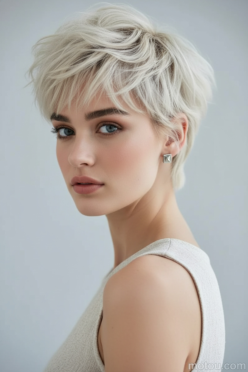 Upper-body hairstyle close-up of a female model with a pearl blonde shaggy pixie haircut, silver geometric stud earrings, elegant contemporary summer fashion, minimalist light gray background, poised expression.