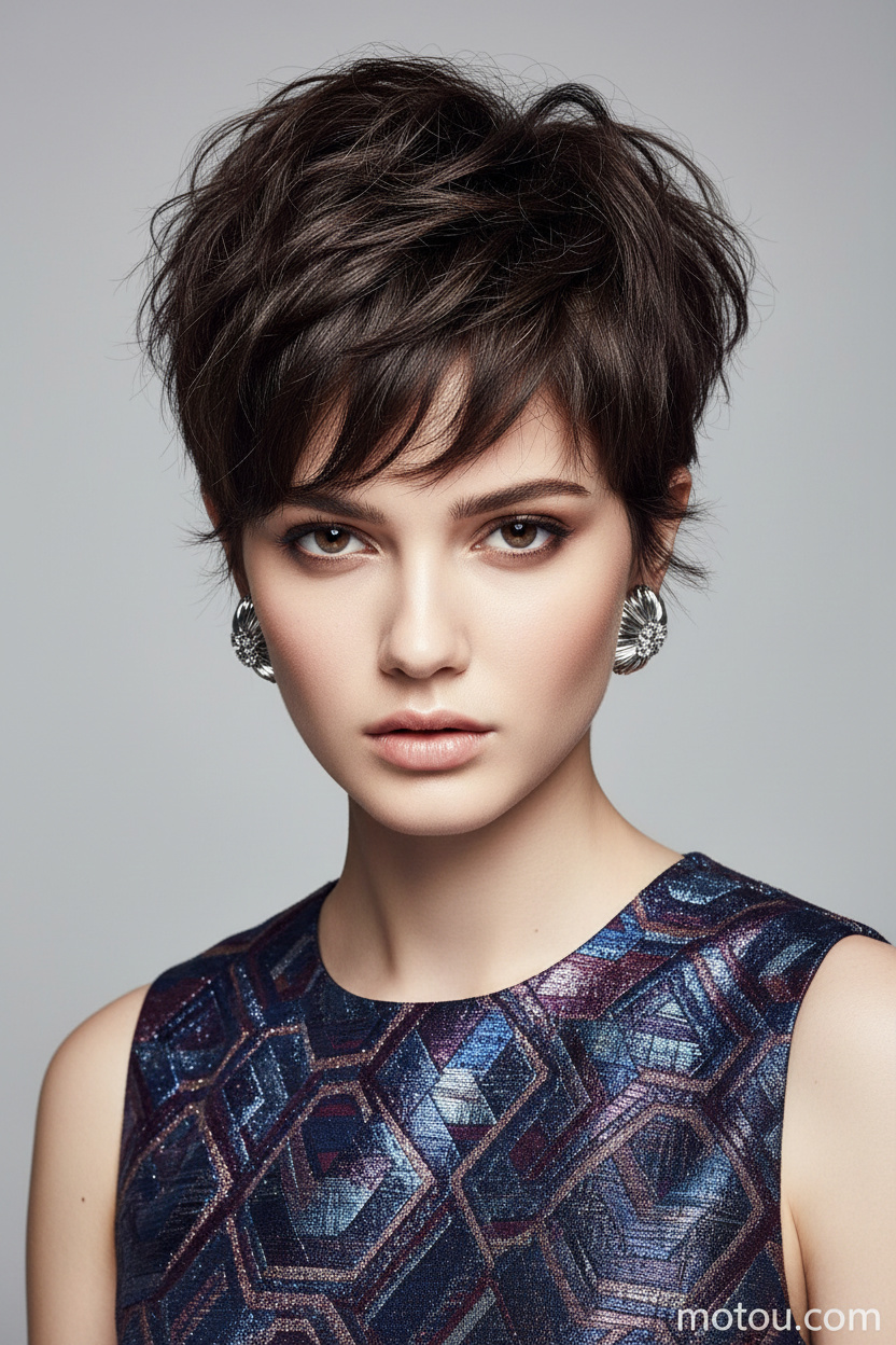 Upper-body hairstyle close-up of a female model with an ultra textured edgy shaggy pixie haircut, silver statement stud earrings, avant-garde sleeveless summer outfit, minimalist studio backdrop, powerful confident gaze.