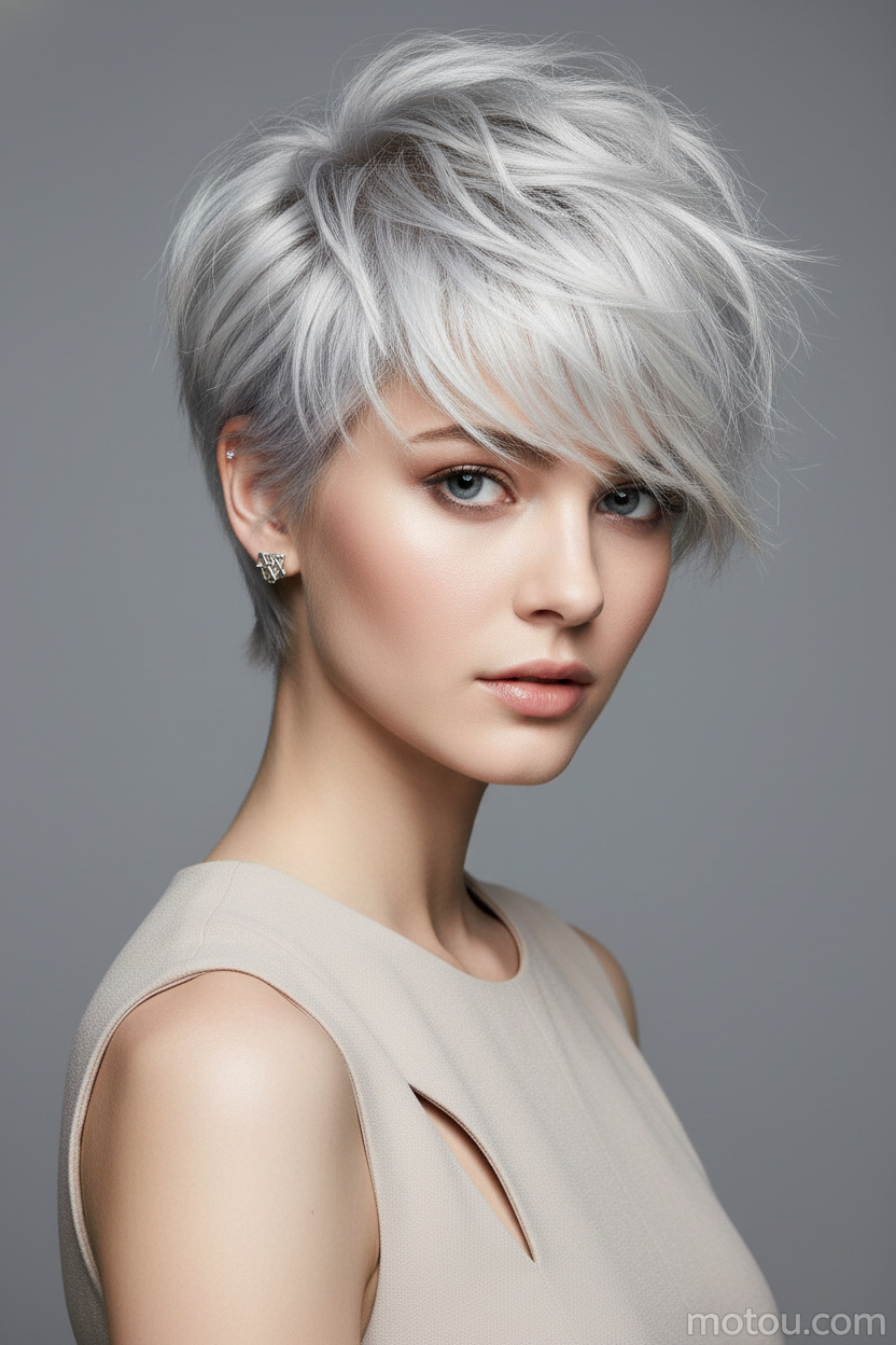 Upper-body hairstyle close-up of a female model with an icy platinum edgy shaggy pixie haircut, silver geometric stud earrings, avant-garde sleeveless summer outfit, minimalist gray studio background, confident gaze and modern fashion expression.
