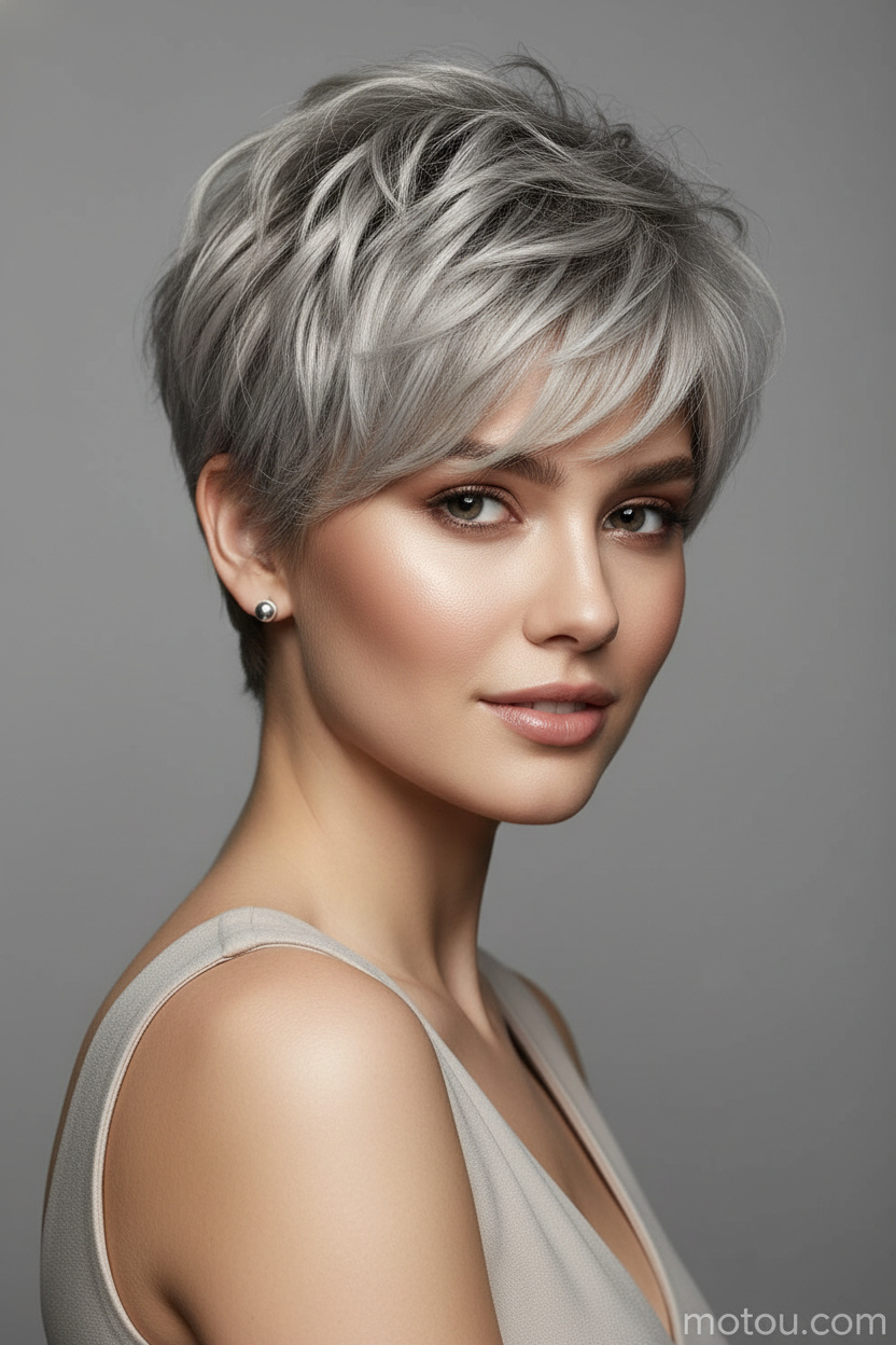 Upper-body hairstyle close-up of a female model with a soft ash blonde shaggy pixie haircut, minimalist silver stud earrings, contemporary summer fashion top, clean neutral background, relaxed posture and effortless smile.