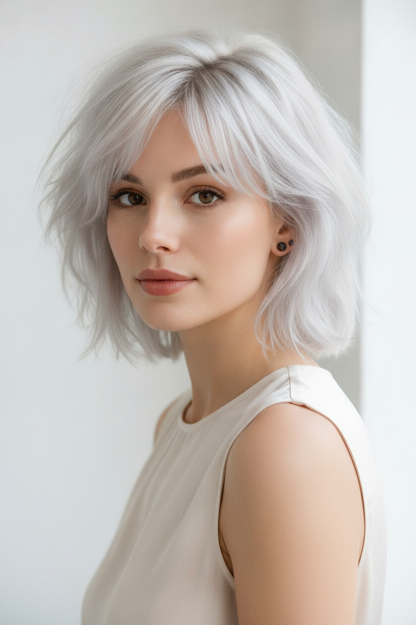 1. Eisiger Platin Shaggy Bixie mit sanftem Volumen Oberkörper-Frisuren-Nahaufnahme eines weiblichen Models mit doppelten Ohrsteckern, eisiger Platin Shaggy Bixie-Schnitt mit sanftem Schichtvolumen, elegantem ärmellosem Sommer-Modetop, minimalistischem weißem Studiohintergrund, ruhigem, selbstbewusstem Ausdruck, Dreiviertel-Ansicht.