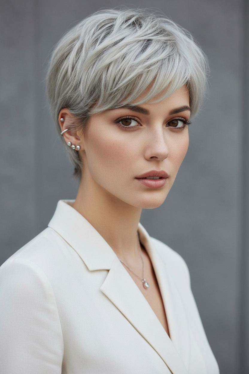 2. Silberblondes, texturiertes Pixie-Bixie-Blend Oberkörper-Frisurenporträt eines weiblichen Models mit doppelten Ohrsteckern, silberblonder Shaggy Bixie-Schnitt, kurze texturierte Schichten, raffiniertes Sommeroutfit, minimalistischer grauer Hintergrund, frontale redaktionelle Blick.