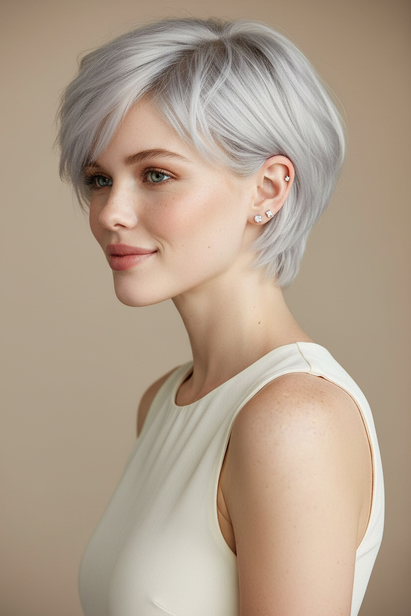 3. Eisige Platin Micro Shag Schichten Oberkörper-Frisuren-Nahaufnahme eines weiblichen Models mit doppelten Ohrsteckern, eisiger Platin Micro Shag Bixie-Schnitt, leichtes ärmelloses Sommeroberteil, minimalistischer beige Hintergrund, sanftes natürliches Lächeln, Seitenprofilansicht.
