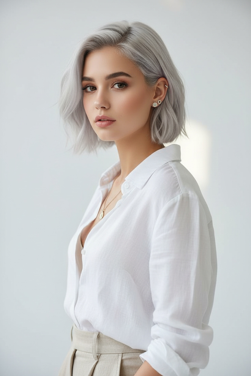 4. Silberblonder, das Gesicht umrahmender Bixie-Schnitt Oberkörperporträt eines weiblichen Models mit doppelten Ohrsteckern, silberblonder Bixie-Schnitt mit gesichtsrahmenden Schichten, schickes Sommer-Modemode, sauberer minimalistischer Studiohintergrund, entspannter Ausdruck, schräge Frontansicht.