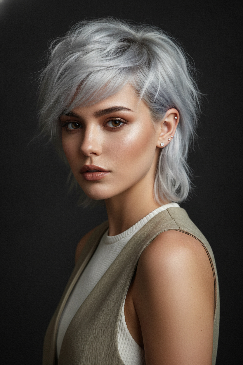 5. Eisiger Platin Edgy Shaggy Pixie-Bixie Oberkörper-Mode-Nahaufnahme eines weiblichen Models mit doppelten Ohrsteckern, eisiger Platin Edgy Shaggy Bixie-Schnitt, moderne ärmellose Sommerkleidung, minimalistischer dunkelgrauer Hintergrund, kühner, selbstbewusster Ausdruck, redaktionelle Beleuchtung.