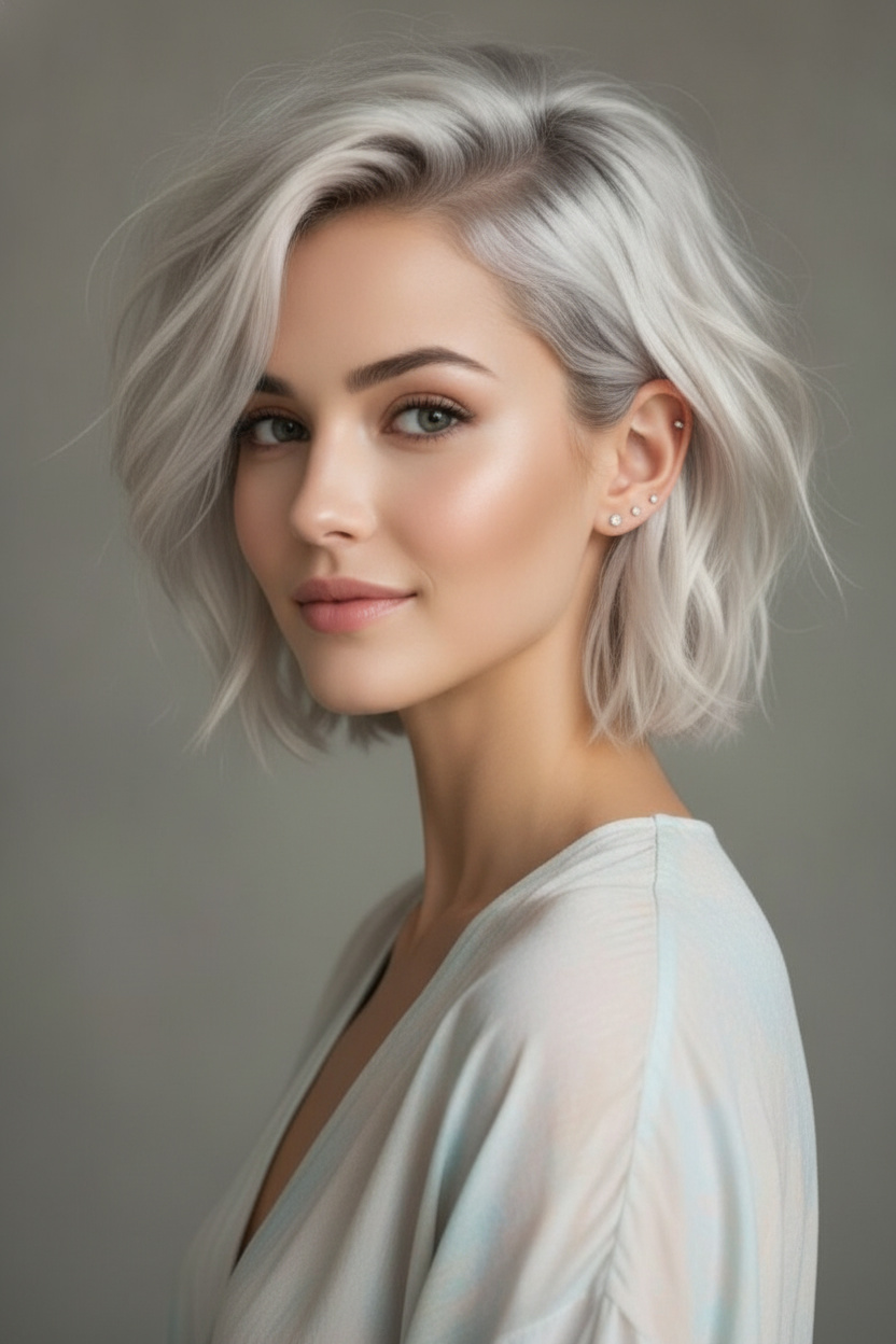6. Sanfter silberblonder, zerzauster Bixie Oberkörperporträt eines weiblichen Models mit doppelten Ohrsteckern, zerzauster silberblonder Shaggy Bixie-Schnitt, leichtes elegantes Sommeroutfit, minimalistischer neutraler Hintergrund, sanftes Lächeln, natürlicher Seitenwinkel.