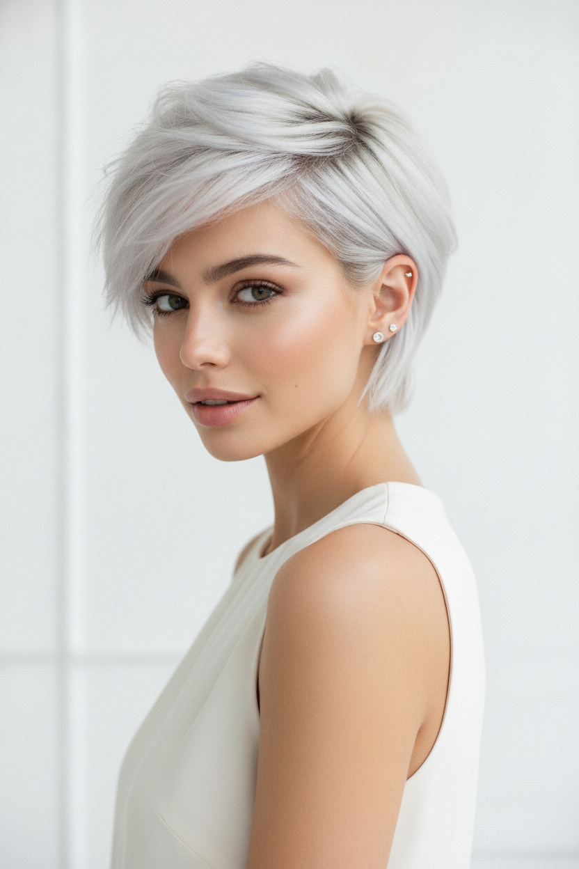7. Eisiger Platin Bixie mit luftigem Volumen Oberkörper-Frisuren-Nahaufnahme eines weiblichen Models mit doppelten Ohrsteckern, luftiger eisiger Platin Bixie-Schnitt mit angehobenem Kronenvolumen, minimalistische weiße Studio-Umgebung, elegantes ärmelloses Oberteil, selbstbewusster Ausdruck, Frontansicht.