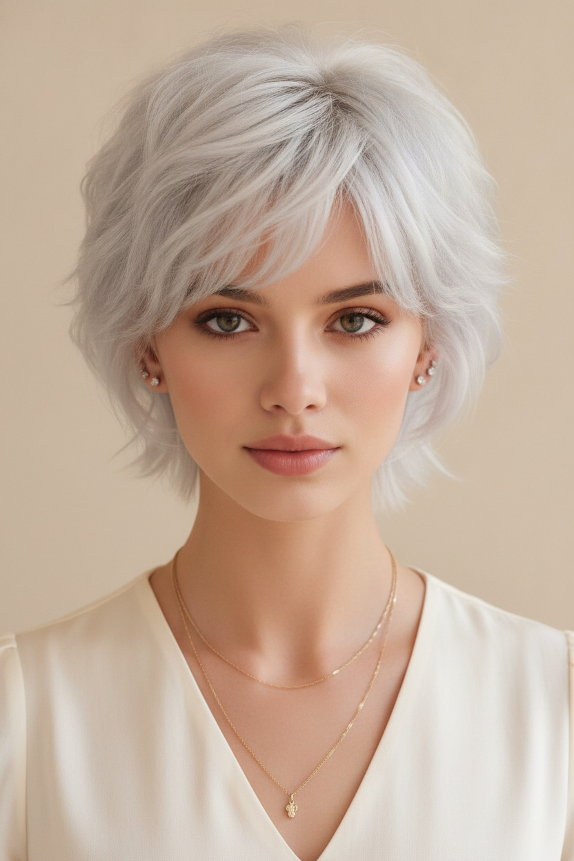 9. Eisiger Platin Bixie mit sanftem Pony Oberkörper-Frisuren-Nahaufnahme eines weiblichen Models mit doppelten Ohrsteckern, eisiger Platin Shaggy Bixie-Schnitt mit sanftem Pony, elegantes Sommer-Modetop, minimalistischer beige Hintergrund, sanfter Ausdruck, Frontalansicht.