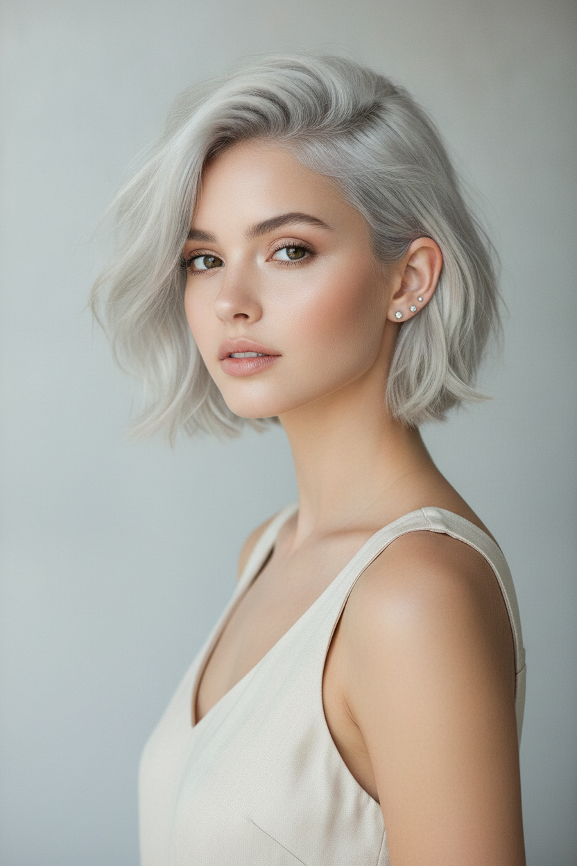 10. Silberblonder Bixie mit geschichteter Bewegung Oberkörperporträt eines weiblichen Models mit doppelten Ohrsteckern, silberblonder geschichteter Bixie-Schnitt mit dynamischer Bewegung, schickes ärmelloses Sommeroutfit, minimalistischer Studiohintergrund, ruhiger Ausdruck, Dreiviertel-Ansicht.