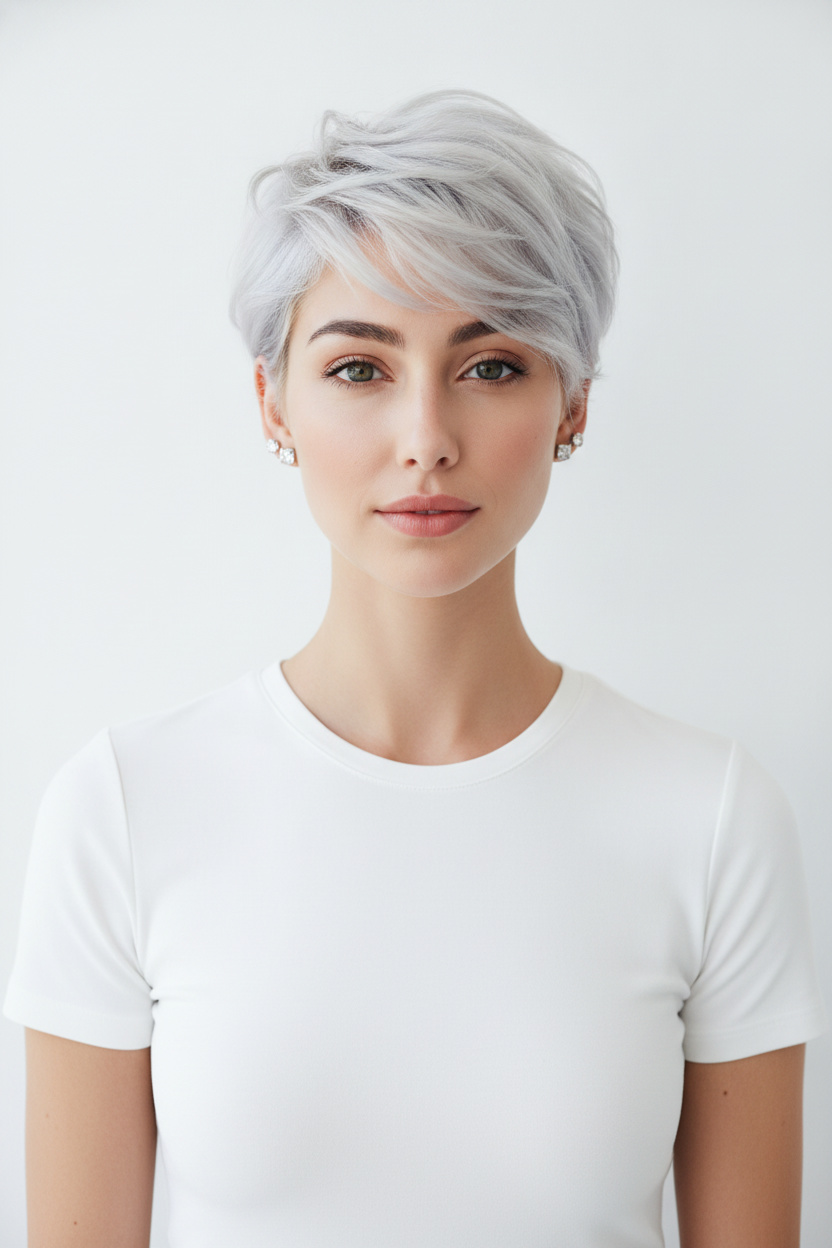 11. Eisiger Platin Minimal Chic Bixie Oberkörper-Modeporträt eines weiblichen Models mit doppelten Ohrsteckern, eisiger Platin Minimal Shaggy Bixie-Schnitt, sauberes Sommeroutfit, minimalistischer weißer Hintergrund, gefasster Ausdruck, geradlinige redaktionelle Ansicht.