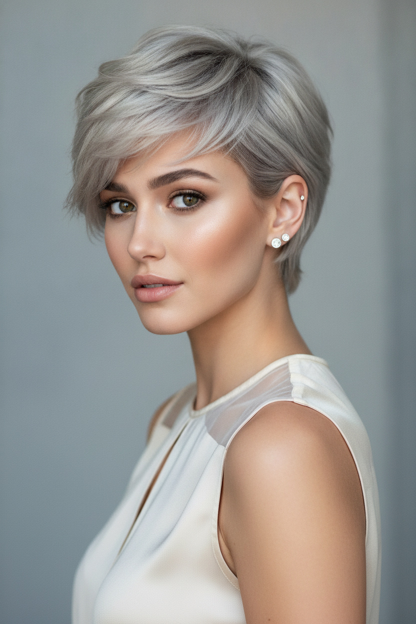 12. Silberblonder Luxus Editorial Bixie Oberkörper-Nahaufnahme eines weiblichen Models mit doppelten Ohrsteckern, silberblonder Shaggy Bixie-Schnitt, luxuriöses Sommer-Modestyling, minimalistischer grauer Studiohintergrund, selbstbewusster Blick, filmische Beleuchtung, schräge Perspektive.