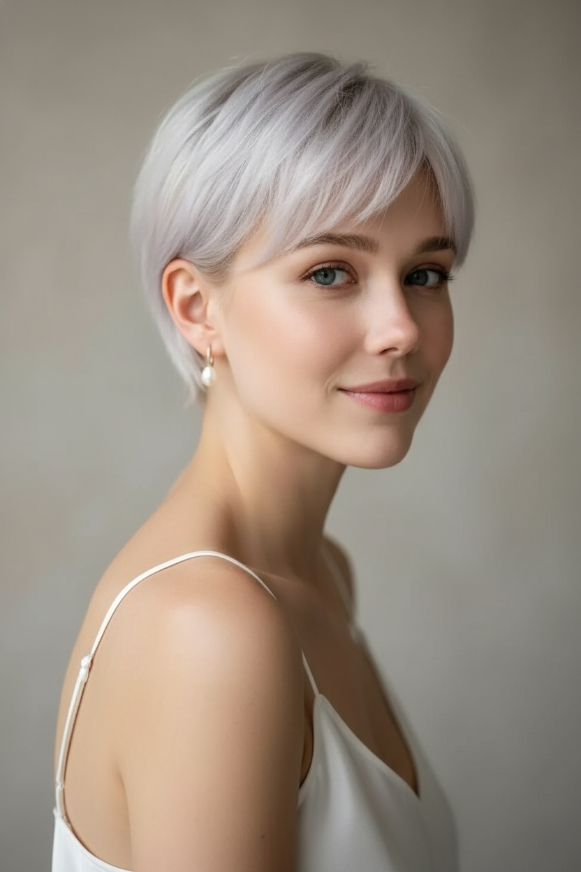 Nahaufnahme des Oberkörpers eines Models mit einem weichen, femininen Pixie-Schnitt in Platinblond mit wispy Bangs. Sie trägt zarte Perlenohrringe und ein weißes Seiden-Slip-Top. Aufgenommen in weichem, natürlichem Licht vor einem sauberen, minimalistischen Hintergrund, blickt sie aus einer Dreiviertelperspektive mit einem ruhigen Ausdruck von der Kamera weg.