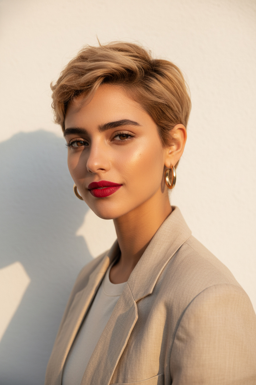 Oberkörperporträt eines Models mit einem texturierten, weichen Pixie-Schnitt in warmem Honigblond. Sie trägt elegante goldene Creolen und einen beigen Leinenblazer. Im warmen natürlichen Sonnenlicht vor einer sauberen Gipsmauer lächelt sie sanft und blickt auf Augenhöhe direkt in die Kamera.
