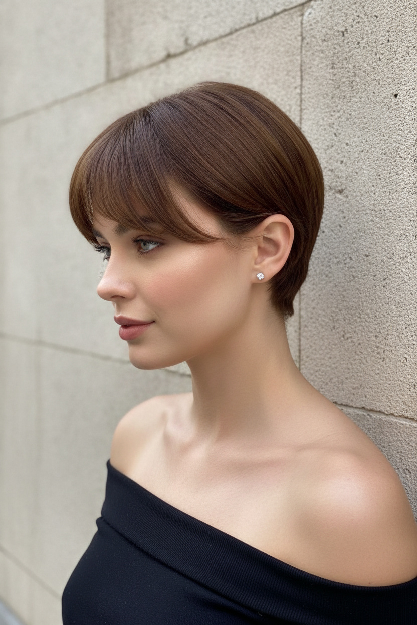 Nahaufnahme des Oberkörpers eines Models, die einen klassischen kastanienbraunen, weichen Pixie-Haarschnitt mit seitlich geschwungenem Pony zeigt. Sie ist mit zarten Diamantsteckern geschmückt und trägt ein schwarzes Baumwoll-Oberteil mit Neckholder. Im hellen Tageslicht vor einem sauberen Steinhintergrund behält sie einen ruhigen, raffinierten Ausdruck und blickt in einer Profilansicht leicht nach unten.
