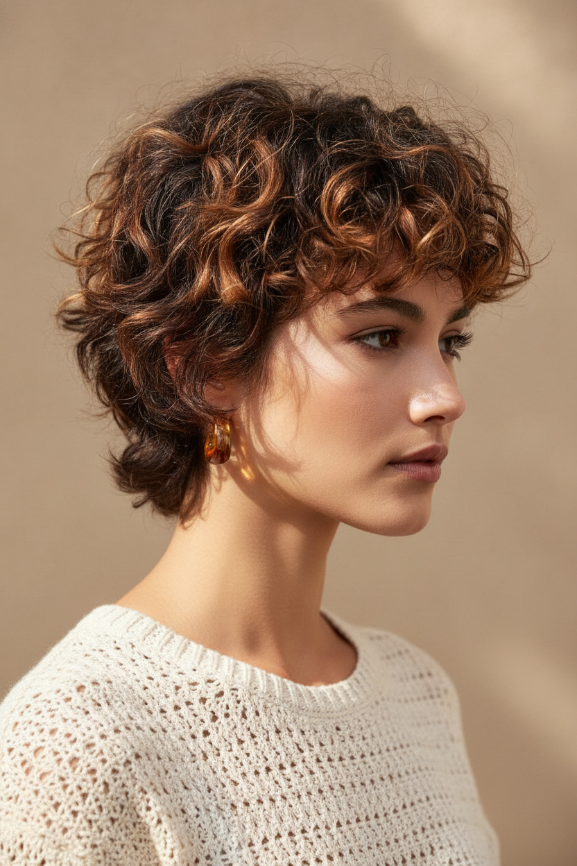Nahaufnahme eines Models, das einen shaggy, weichen, femininen Pixie-Schnitt mit Karamell-Highlights zeigt. Sie trägt Bernsteinglas-Ohrringe und ein locker gestricktes Sommer-Häkeloberteil. Beleuchtet von gesprenkeltem natürlichem Sonnenlicht vor einem schlichten beigen Hintergrund, hat sie einen nachdenklichen Ausdruck und blickt im Seitenprofil von der Kamera weg.