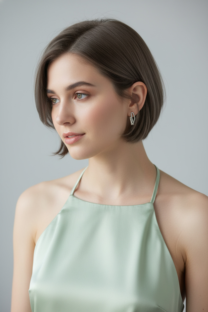 Oberkörperschuss eines Models mit einer aschbraunen Pixie-Bob-Frisur, die hinter einem Ohr gesteckt ist. Sie trägt silberne geometrische Ohrringe und ein pastellgrünes Satin-Neckholder-Oberteil. Aufgenommen in sauberem, diffusem natürlichem Licht vor einem neutralen Studiohintergrund, neigt sie leicht den Kopf und hat einen sanften, nachdenklichen Ausdruck.