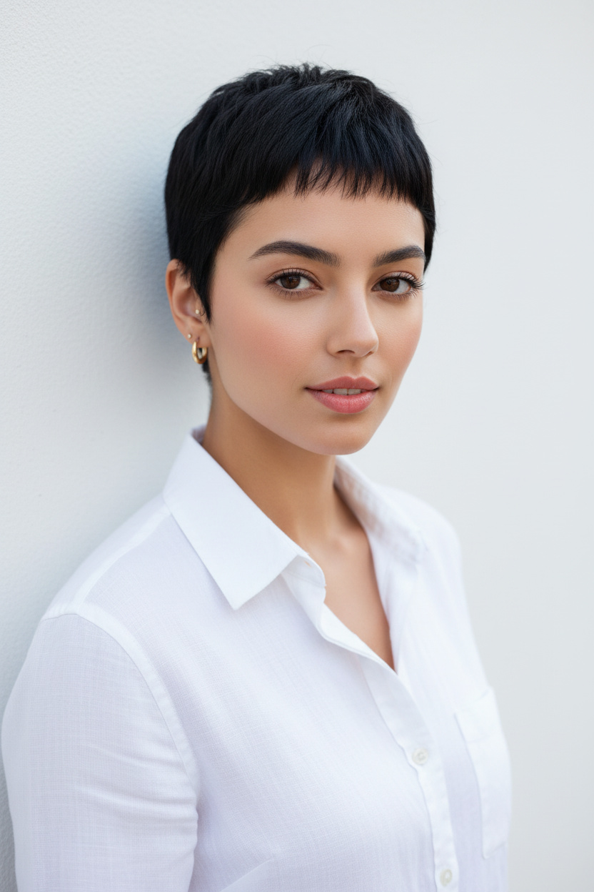 Nahaufnahme des Oberkörpers eines Models, die einen kurzen, weichen, obsidian-schwarzen Mikro-Pixie-Schnitt mit Baby-Bangs zeigt. Sie trägt goldene Huggie-Ohrringe und ein knackiges weißes Leinenhemd mit Knopfleiste. Aufgenommen in weichem, gerichtetem natürlichem Licht vor einer sauberen weißen Wand, blickt sie aus einer hohen Perspektive mit einem selbstbewussten, ruhigen Blick direkt in die Kamera.