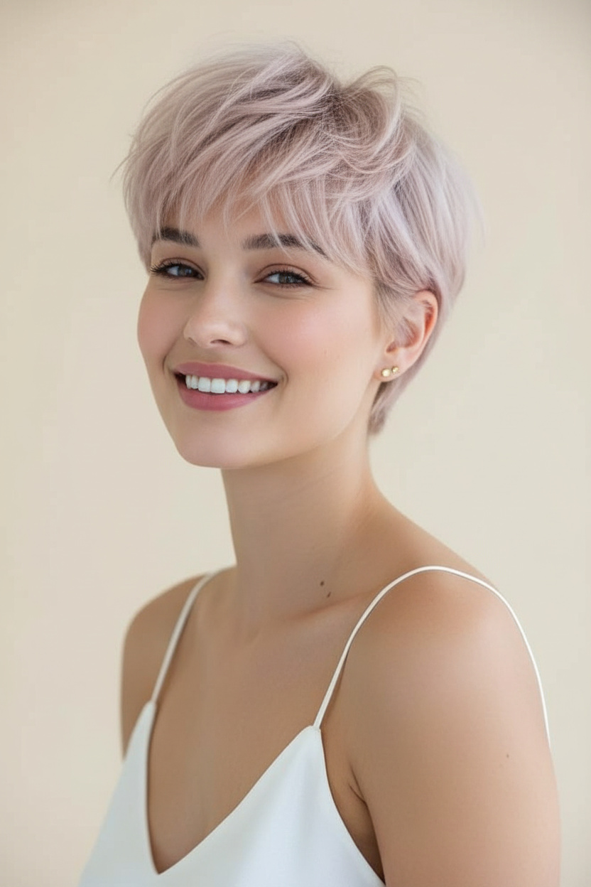 Nahaufnahme eines Models mit einem zerzausten, weichen, femininen Pixie-Schnitt in Pastell-Rosen-Gold. Sie ist mit minimalistischen goldenen Steckerohrringen und einem weißen Spitzen-Camisole ausgestattet. Im hellen natürlichen Nachmittagslicht vor einem sauberen cremefarbenen Bildschirm badend, hat sie ein fröhliches, ungezwungenes Lächeln, eingefangen aus einer niedrigen Perspektive.
