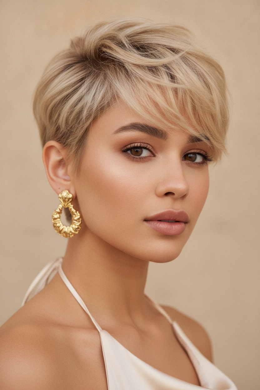 Nahaufnahme eines Models, das einen weichen Champagnerblond-Pixie-Schnitt mit einem sehr dezenten, weichen Undercut auf einer Seite zeigt. Sie trägt klobige goldene Statement-Ohrringe und ein Seiden-Neckholder-Oberteil. Aufgenommen in sauberem, hellem natürlichem Licht vor einer minimalistischen sandfarbenen Wand, blickt sie mit einem souveränen, eleganten Ausdruck direkt nach vorne.
