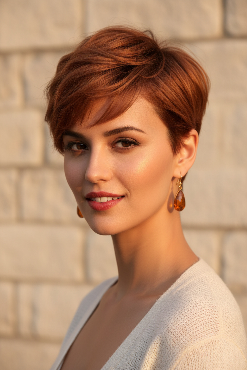 Nahaufnahme des Oberkörpers eines Models mit einem warmen Kupferrot-Wispy-Pixie-Schnitt. Sie trägt Bernsteinfarben-Tropfenohrringe und eine leichte cremefarbene Strickjacke. Aufgenommen im natürlichen Golden-Hour-Licht vor einer sauberen Außensteinwand, hat sie ein warmes, entspanntes Lächeln und blickt auf Augenhöhe leicht an der Kamera vorbei.
