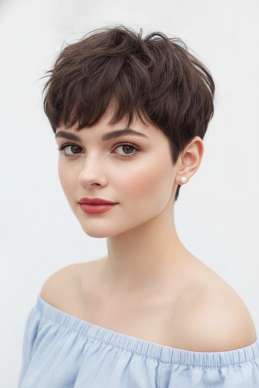 Nahaufnahme eines Models, das einen tiefen Espresso-braunen, weichen Pixie-Schnitt mit einem zarten, stückigen Pony zeigt. Sie trägt klassische Perlenstecker und ein hellblaues Leinen-Oberteil mit Neckholder. Im weichen natürlichen Licht vor einem sauberen weißen Hintergrund hat sie einen sanften, einladenden Ausdruck und blickt direkt in die Linse.

