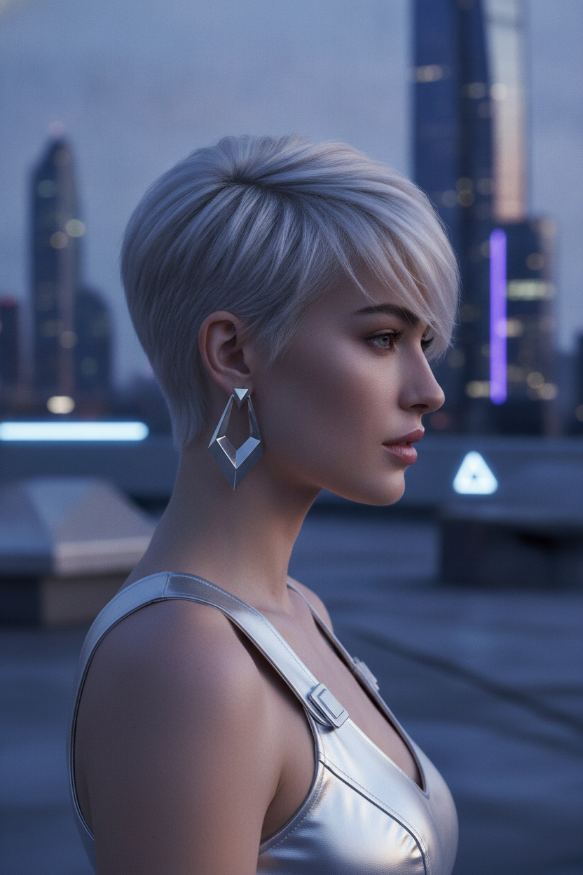 Model with titanium moonstone pixie haircut, ultra-sleek texture, geometric earrings, futuristic silver outfit, urban rooftop background, confident gaze, side profile shot.
