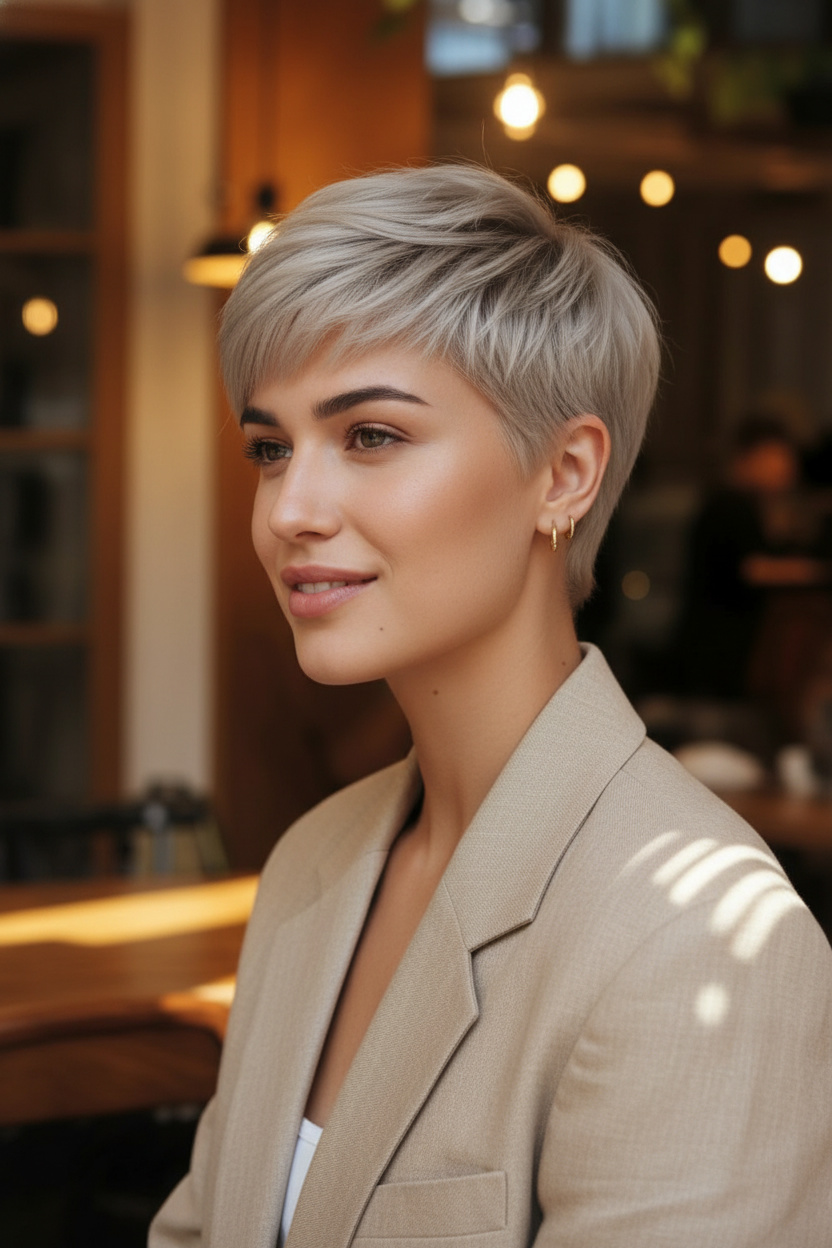 Model wearing icy greige pixie cut, airy layered short hair, gold hoop earrings, beige linen suit, soft smile, natural outdoor café lighting, three-quarter angle.