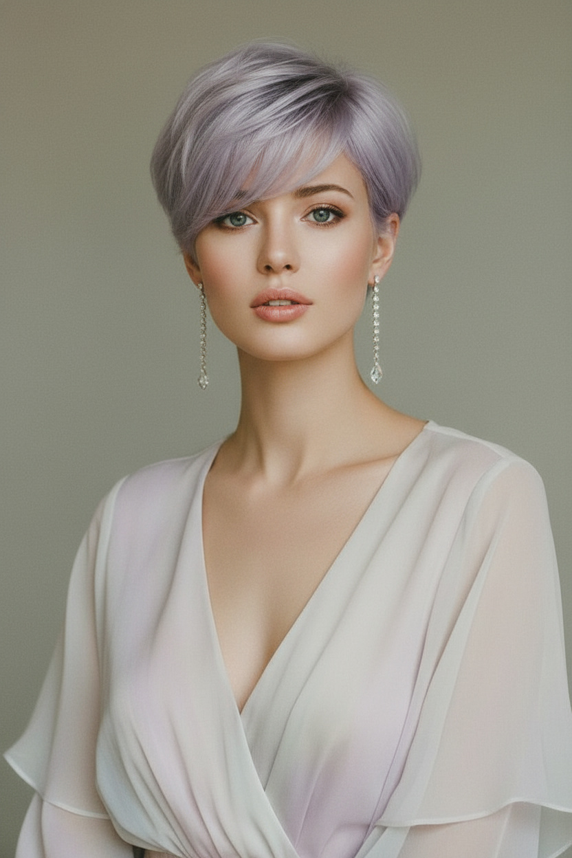 Model with silver-lilac ghost pixie hair color, wispy bangs, crystal earrings, flowing pastel outfit, dreamy studio lighting, ethereal expression, front-facing portrait.