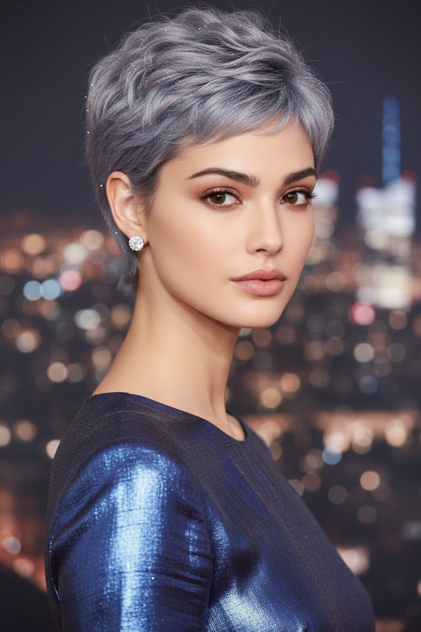 Model with starlight mist pixie cut, soft feathered layers, diamond stud earrings, metallic silk dress, night city background, cinematic lighting, slight upward camera angle.