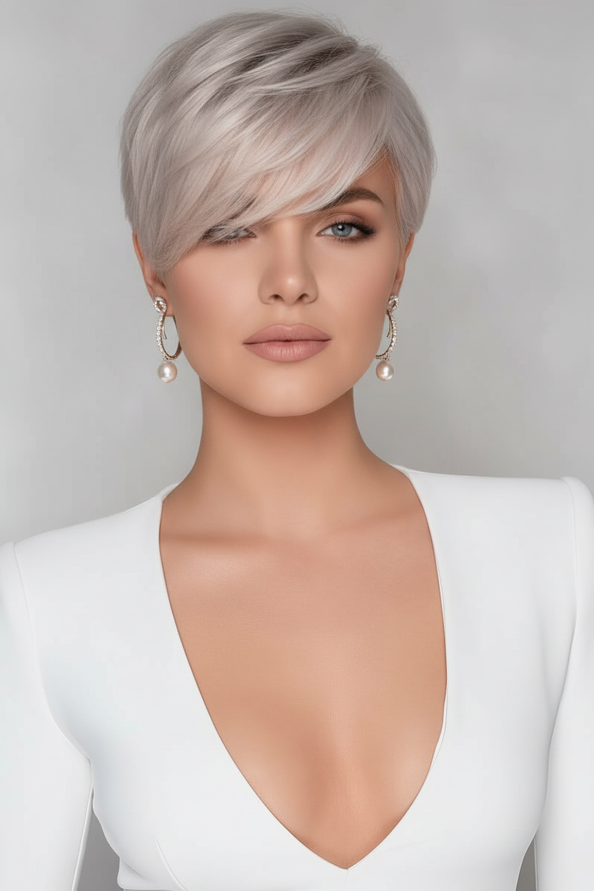 Model featuring pearl-platinum ash pixie hairstyle, smooth volume at crown, pearl drop earrings, white structured blazer, studio softbox lighting, elegant neutral expression.