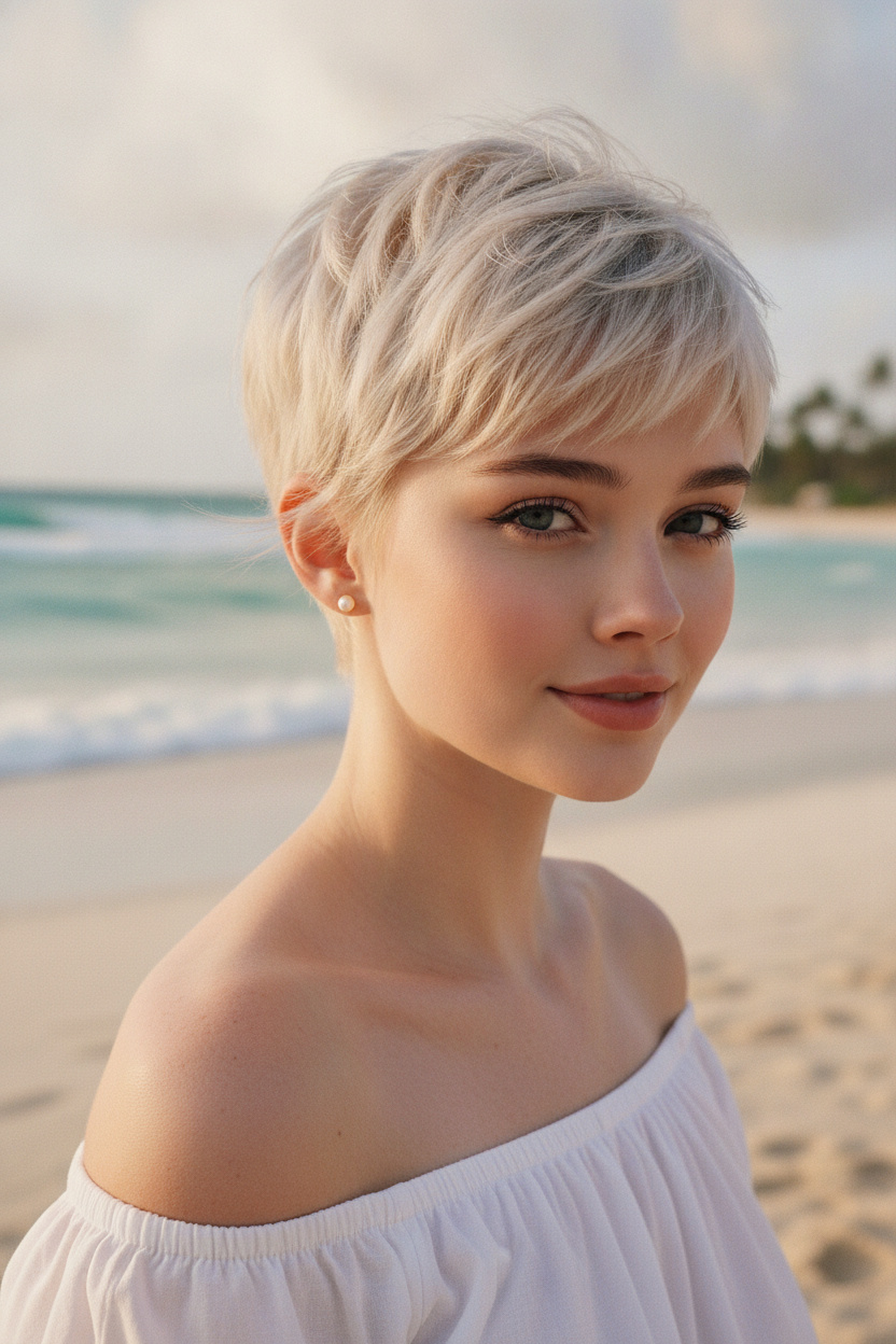 Model with ultra-short airy pixie cut, champagne ash tone, delicate pearl earrings, white off-shoulder summer top, beachside breeze, candid smile, side wind motion.