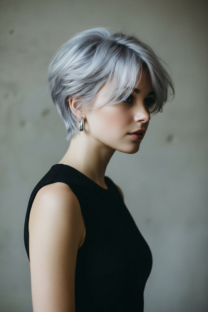 Model with pixie-bob hybrid haircut in metallic moonlight silver, structured layers, silver hoop earrings, modern black outfit, fashion studio, sharp editorial pose.
