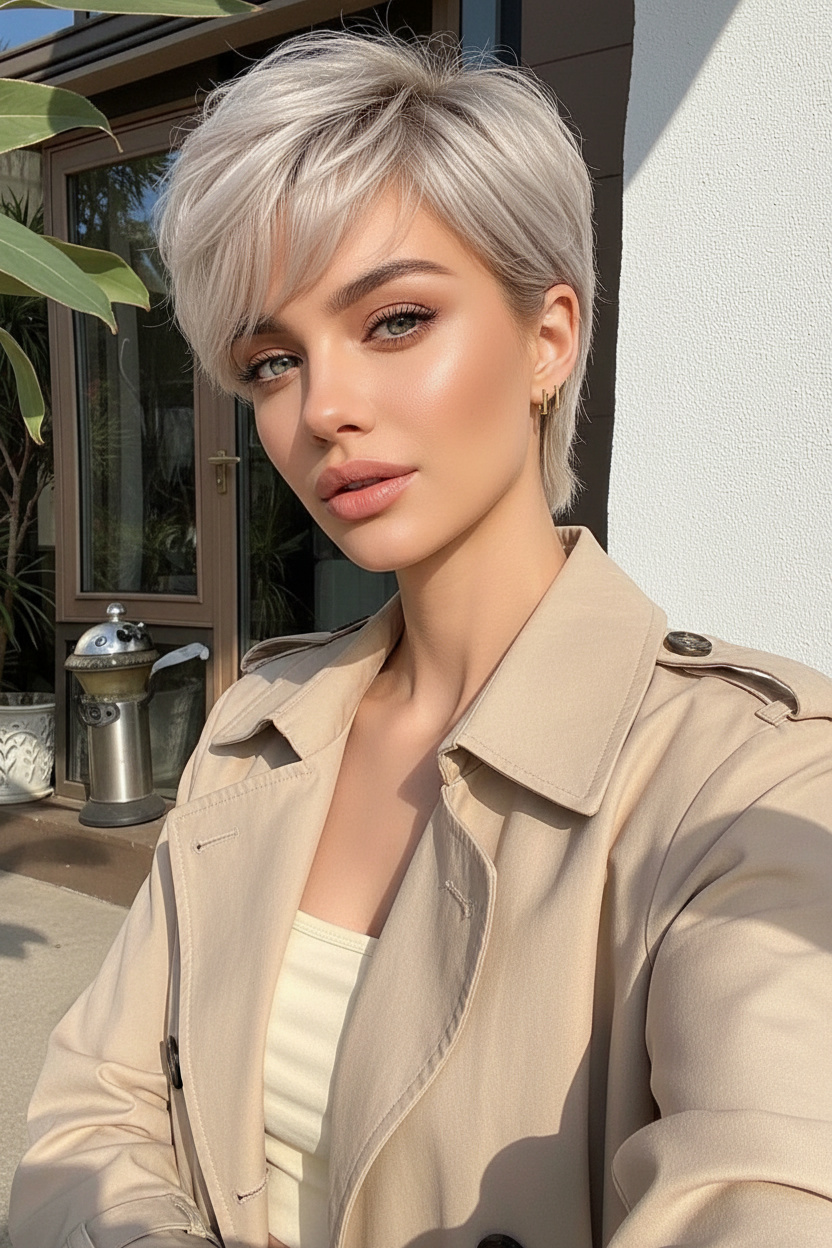 Model wearing frosted beige ash pixie cut, soft natural waves, minimalist gold earrings, light beige trench coat, warm sunset lighting, relaxed pose.