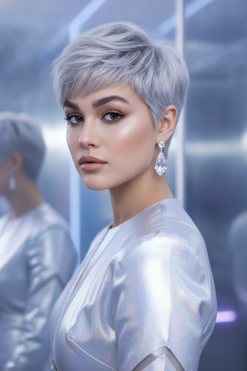 Model with layered silver dream pixie haircut, textured crown volume, crystal earrings, futuristic satin outfit, reflective background, editorial fashion stance.
