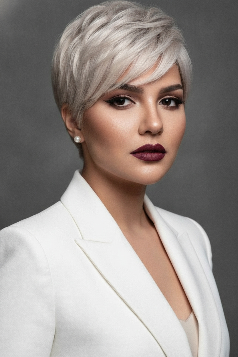 Model with tapered ice pearl pixie cut, clean neckline, pearl earrings, structured white suit, corporate luxury aesthetic, confident forward gaze.