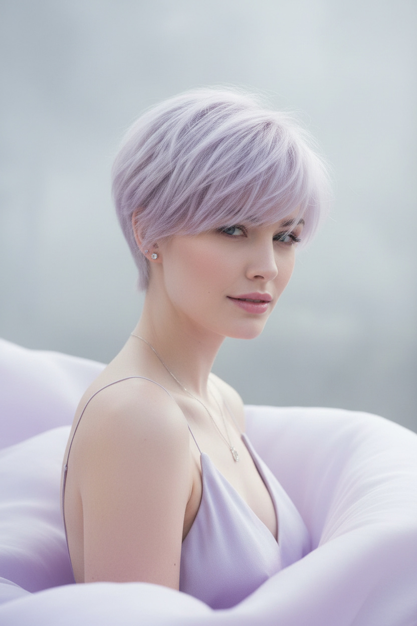 Model with ethereal frosted lilac pixie hair, soft airy fringe, silver jewelry, flowing lavender silk dress, dreamy studio fog lighting, soft focus portrait.
