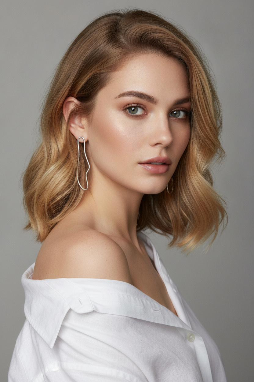 Upper-body close-up of a model showcasing a collarbone-grazing French Lob with soft waves, colored in a warm honey blonde balayage. She is accessorized with abstract silver drop earrings and wears an off-the-shoulder white linen blouse. Neutral soft gray background, gazing directly into the lens with a calm expression. Three-quarter camera angle.