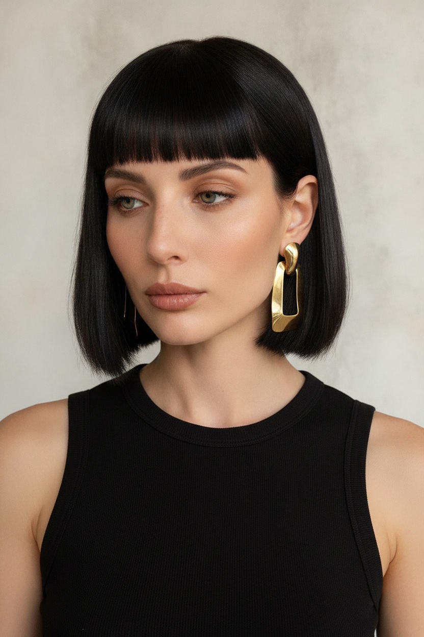 Head and shoulders close-up of a model with a sleek, blunt-cut French Bob in rich espresso black. She wears statement architectural brass earrings and a structured asymmetrical black tank top. Plain off-white studio background, looking downward with a pensive, confident expression. Low-angle shot.