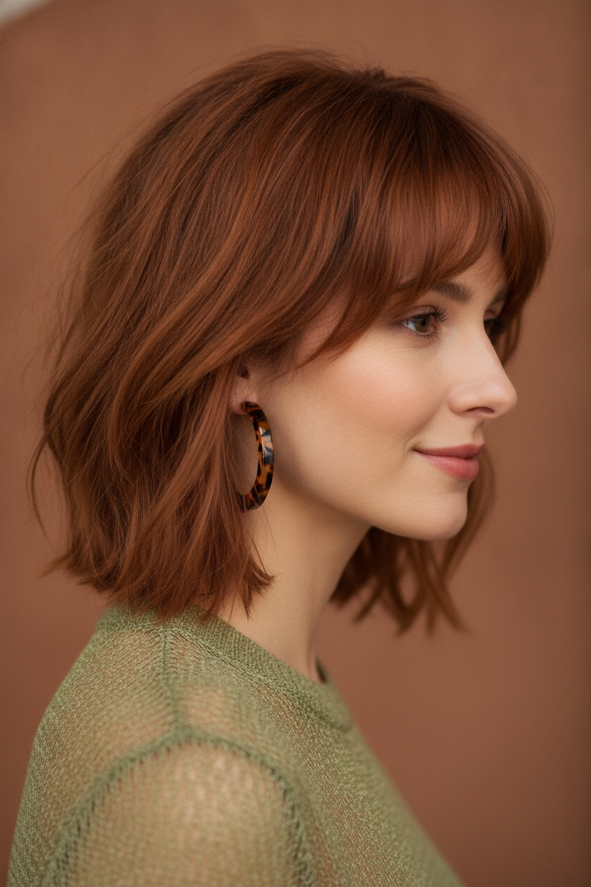 Close-up of a model’s upper body featuring a messy, shaggy-textured French Lob with curtain bangs, styled in a warm copper auburn shade. She wears chunky tortoiseshell hoop earrings and a sheer olive green summer knit top. Minimalist soft clay-colored background, side-profile view with a gentle smile. Side-angle camera perspective.