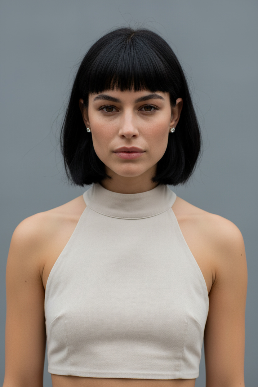 Close-up of a model's face and shoulders displaying a chin-length French Bob with bold micro-bangs in jet black. She is wearing tiny, sparkling diamond stud earrings and a high-neck halter-style summer crop top. Minimalist cool-gray backdrop, facing the camera with an intense, neutral expression. Close-up straight-on angle.