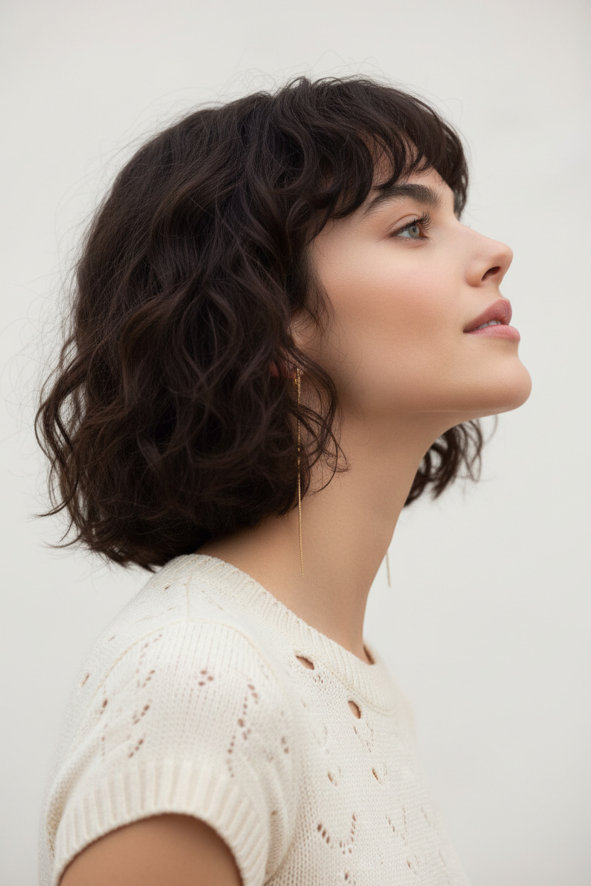 High-end close-up of a model with natural, voluminous curls styled in a chin-length French Bob in dark chocolate brown. She wears delicate gold thread-through earrings and a knitted cream-colored summer top with cutout details. Soft-focus off-white background, looking upward dreamily. Low-angle side-view.