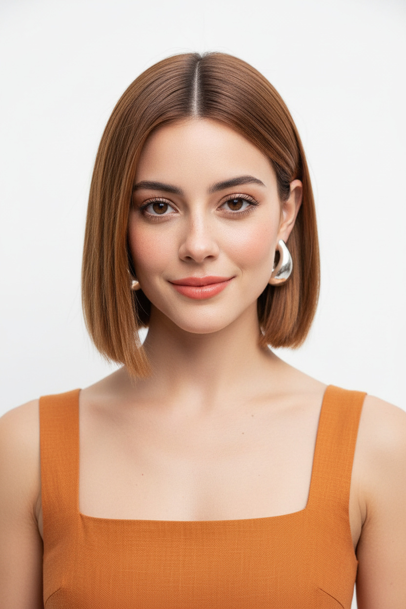 Close-up of a model with a sleek, A-line cut French Lob in warm caramel tones. She wears sculptural silver cuff earrings and a square-neck, minimal orange linen dress. Plain white minimalist backdrop, looking directly at the camera with a calm, self-assured expression. Eye-level camera shot.