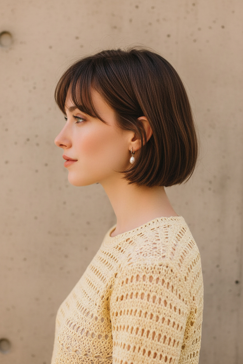 Upper-body profile of a model featuring a soft-layered French Bob in rich hazelnut brown. She is accessorized with pearl-drop huggie earrings and wearing a lightweight pale yellow crochet top. Minimal warm-toned concrete background, looking straight ahead with a serene, relaxed expression. Profile view camera angle.