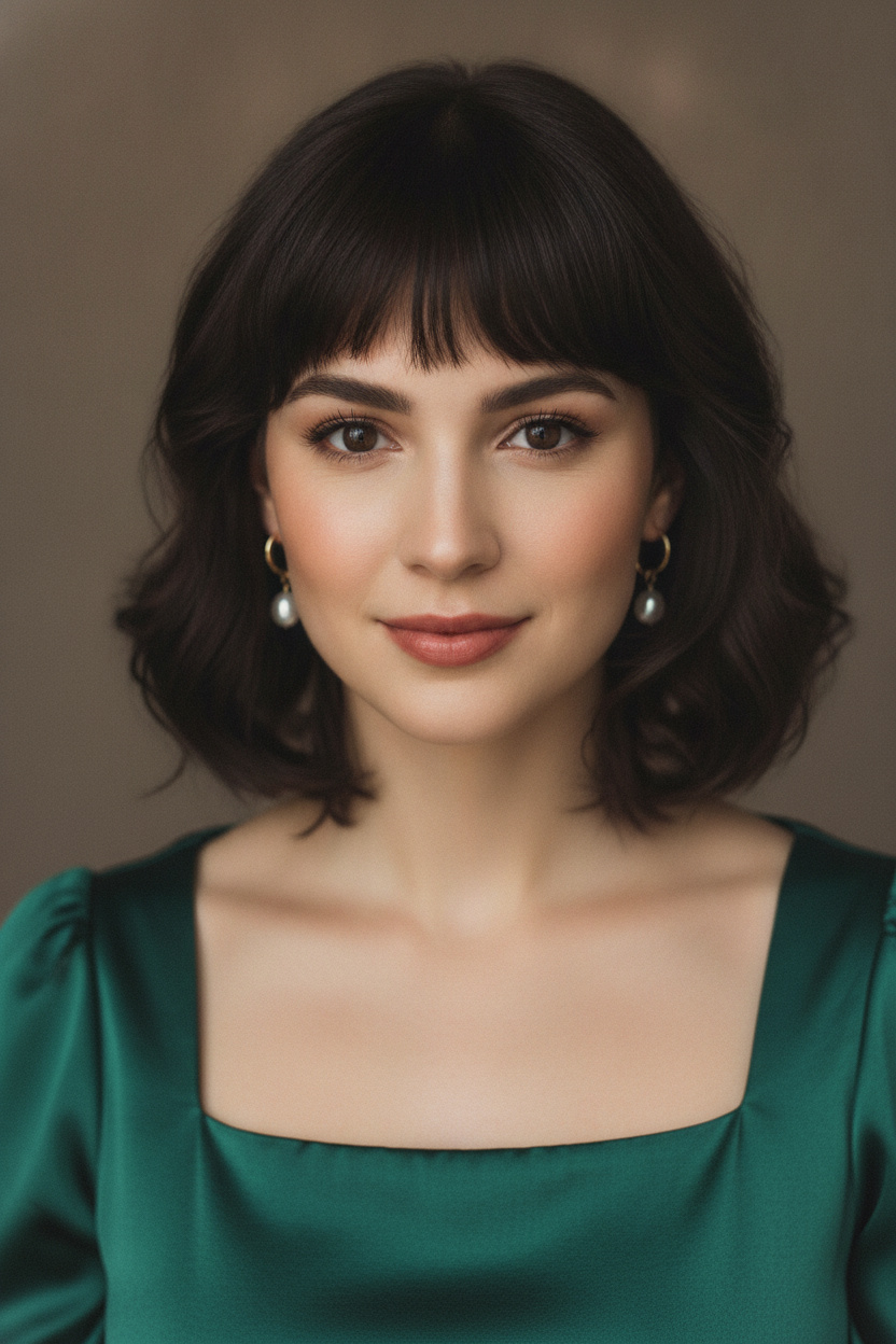 Headshot of a model showcasing a vintage-style French Lob in deep espresso, framed by bottleneck bangs. She wears small gold pearl hoop earrings and a retro-inspired square-neck emerald green silk top. Minimalist dark beige studio background, looking at the camera with a soft, warm gaze. Eye-level view.