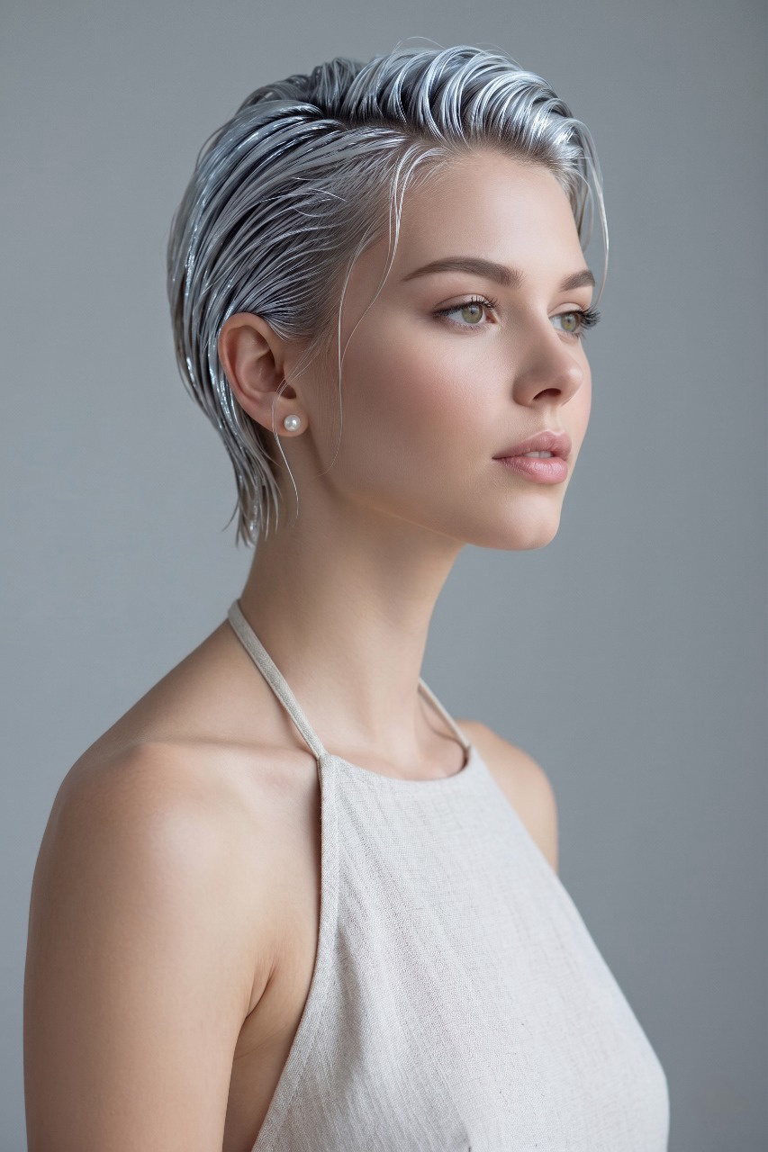 Upper body close-up of a model featuring a sharp side-parted wet look pixie hairstyle in platinum blonde. Decorated with small pearl stud earrings and a light linen halter top. Minimalist cool gray background. The model has a serene expression, looking slightly away from the camera in a three-quarter profile view.